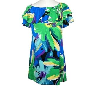London Times On Off Shoulder Ruffle Multi Floral Tropical Mini Dress Sz 6 Resort